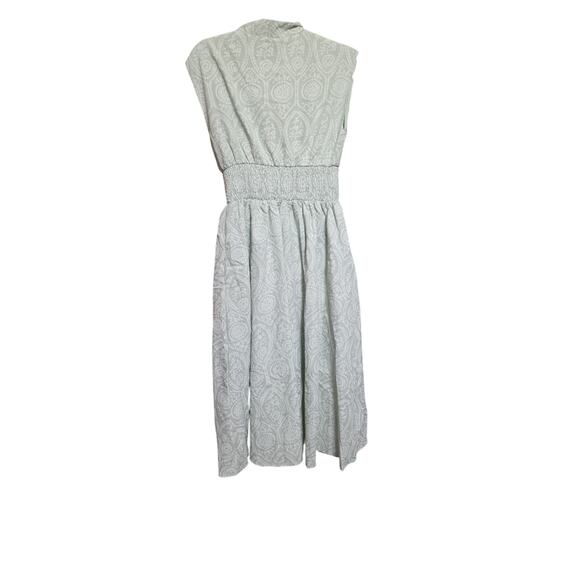 She + Sky Sage Green Paisley Midi Dress Front Zip Smocked Waist Sleeveless S - Picture 4 of 7